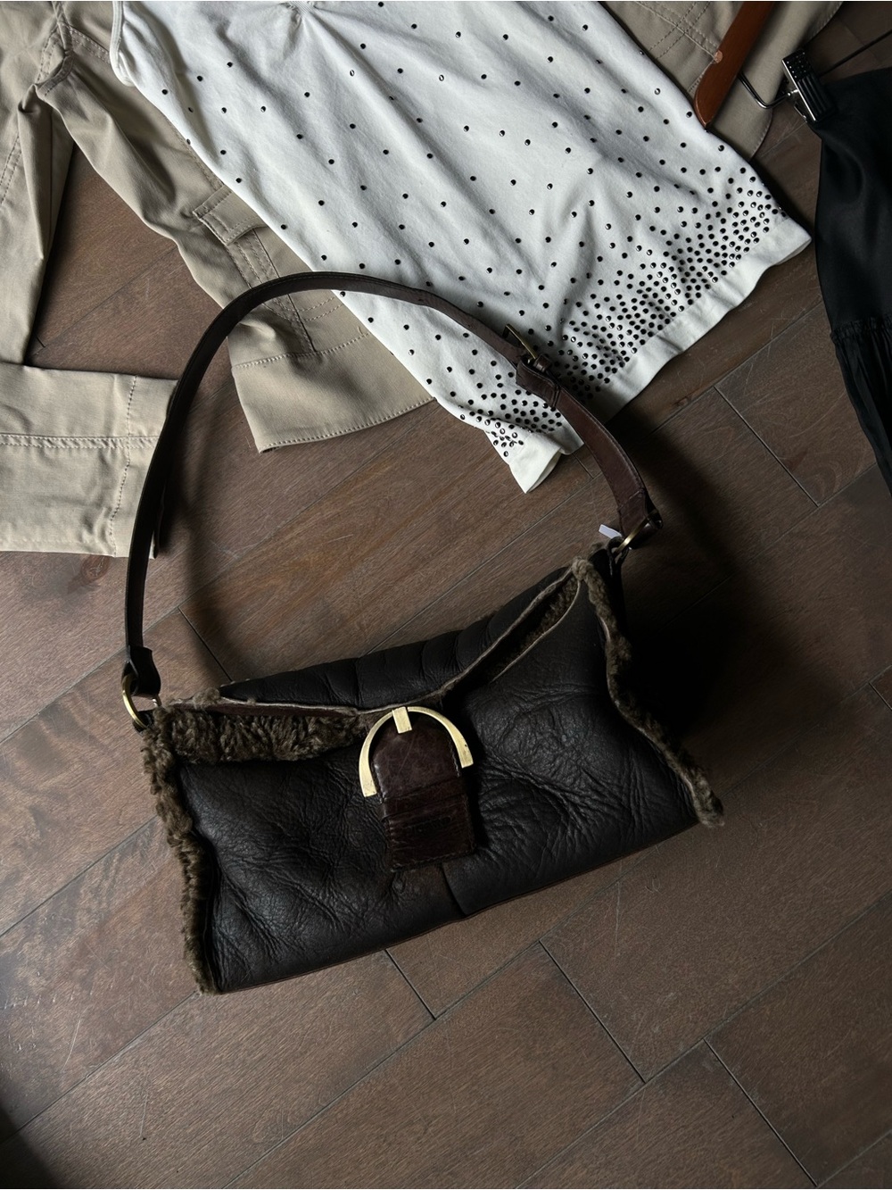 Dark Brown Leather Shoulder Bag with Fur Trim
